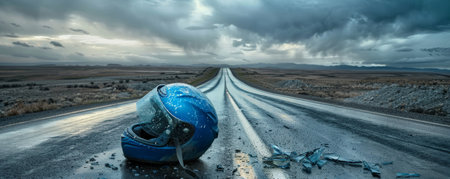 A shattered blue motorcycle helmet resting on the edge of a lonely highway. The road stretches into the horizon under a cloudy sky, with scattered debris adding to the scene's somber mood.の素材