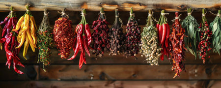 A vibrant display of dried herbs and spices hanging from a wooden beam. The rich colors and textures of the spices, from red chili peppers to green bay leaves, create an authentic and rustic kitchen scene.の素材