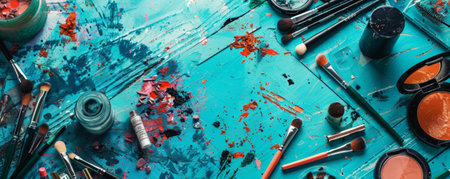 A turquoise table with makeup products and brushes artistically scattered across its surface. The vibrant blue of the table highlights the various colors of the makeup, creating an eye-catching and stylish scene.の素材