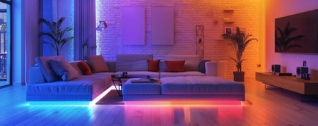 A modern living room with a stylish atmosphere, illuminated by LED strips that cast a vibrant, colorful light on the elegant furniture and minimalist decor, creating a cozy space.の素材