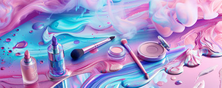 A gradient table with shades of pink, purple, and blue, featuring makeup products and brushes. The colorful and artistic design of the table creates a visually stunning and unique beauty setup.の素材