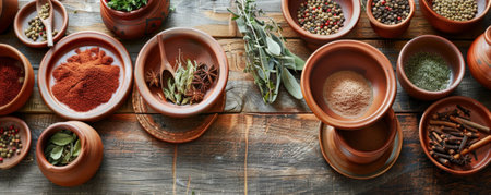 A rustic table setting with a variety of spices in clay bowls. The earthy tones and natural textures of the spices and tableware create a warm and inviting culinary scene.の素材