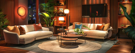 A stylish living room-inspired talk show studio, featuring comfortable seating, a coffee table, and ambient lighting, ideal for television shows and podcasts.の素材
