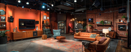 A talk show studio set up like a stylish living room, featuring cozy seating, tasteful decor, and advanced lighting, creating an intimate atmosphere for television shows and podcasts.の素材