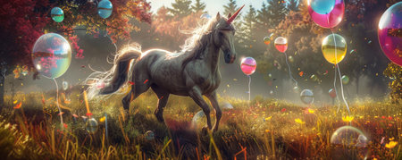 A mystical unicorn in a lush field, surrounded by an array of floating color balloons, each balloon reflecting the vibrant hues of a magical world.の素材
