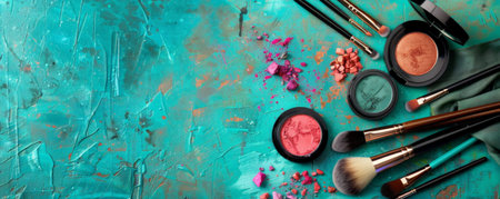 A turquoise table with makeup products and brushes artistically scattered across its surface. The vibrant blue of the table highlights the various colors of the makeup, creating an eye-catching and stylish scene.の素材
