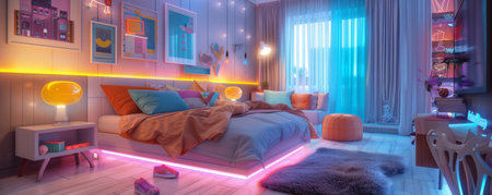 The enchanting ambiance of a modern children's room adorned with LED strips, illuminating the vibrant bed and fun decor with a playful, colorful glow, enhancing the cozy atmosphere.の素材