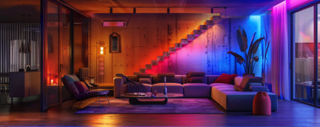 The enchanting ambiance of a modern basement, with LED strips casting a warm, colorful glow on the minimalist furniture and contemporary decor, creating a stylish retreat.の素材