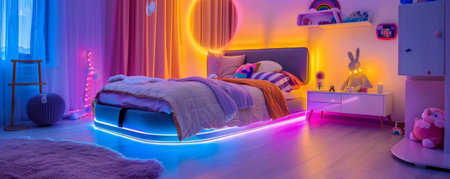 The magical atmosphere of a modern children's room decorated with LED strips, casting a playful, colorful glow on the vibrant bed and fun decor, creating a whimsical oasis.の素材