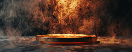 A bronze-colored podium with an empty pedestal, on a dark stage with dense, swirling smoke. The warm tones of the metal contrast with the cool, dark background, creating a dramatic and captivating effect.の素材