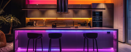 The atmosphere of a modern kitchen decorated with LED strips, casting a sleek, colorful glow on contemporary cabinets and stylish appliances, creating a chic and vibrant space.の素材