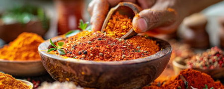 A blend spice being mixed in a wooden bowl, with various spices like paprika, turmeric, and cumin arranged around it. The bright colors and rich textures emphasize the art of creating custom spice blends.の素材