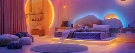 A modern children's room with a whimsical ambiance, featuring LED strips that illuminate the room with a cheerful, colorful light, enhancing the playful bed and imaginative decor.の素材