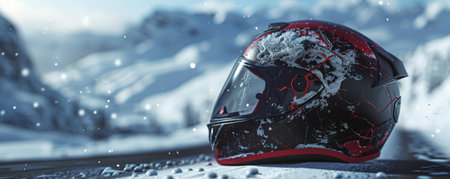 A damaged black and red motorcycle helmet positioned on the edge of a snowy mountain road. The pristine snow contrasts with the helmet's cracks and scratches, adding to the scene's stark and lonely feeling.の素材