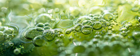 A close-up of spirulina algae in its natural form, floating in clear water. The detailed texture of the algae and the vibrant green color create an intriguing and educational image.の素材