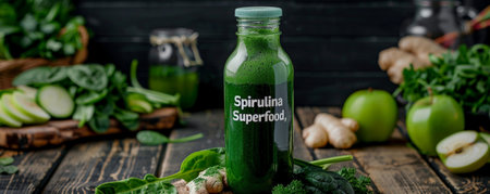 A smoothie bottle labeled "Spirulina Superfood," filled with a bright green smoothie. The bottle is placed on a rustic wooden table, surrounded by fresh ingredients like spinach, apples, and ginger.の素材