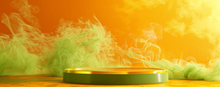 A glossy green podium with an empty pedestal on a metallic vibrant orange background, surrounded by swirling yellow smoke. The bright, complementary colors and the ethereal smoke create a playful and energetic scene.の素材