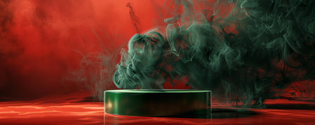 A glossy green podium with an empty pedestal set against a rich, red background, surrounded by wisps of black smoke. The bold, complementary colors and the swirling smoke create a dramatic and striking scene.の素材