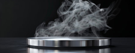 A sleek, chrome podium with an empty pedestal, against a pitch-black background. Wisps of gray smoke curl around the base, adding a surreal and dramatic touch. The highly reflective metal surface gleams under subtle lighting.の素材