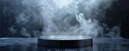 A platinum podium with an empty pedestal on a dark background, enveloped in soft, billowing smoke. The cool tones of the platinum contrast with the dark backdrop, creating a striking visual. The smoke adds a dreamlike quality.の素材