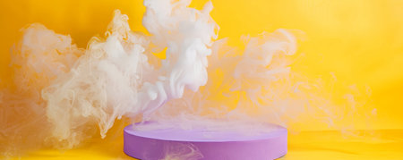 A glossy purple podium with an empty pedestal on a vibrant yellow background, surrounded by swirling white smoke. The bright, playful colors and the dynamic smoke create a striking and energetic scene.の素材