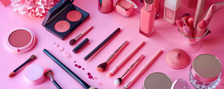 A pink table featuring a variety of makeup products and brushes. The playful color of the table enhances the visual appeal of the beauty items, creating a fun and lively scene.の素材