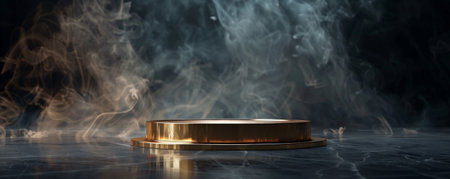 A sleek, metallic gold podium with an empty pedestal, on a dark stage with dense, swirling smoke. The reflective surface of the metal catches the light, creating a striking contrast with the dark background and smoke.の素材