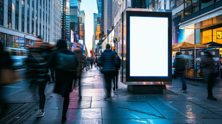An empty poster frame on a busy downtown sidewalk, with tall office buildings, street vendors, and people in business attire rushing by.の素材