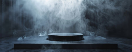 A gunmetal gray podium with an empty pedestal, placed on a dark, smoky stage. The dark metal blends with the background, while the smoke adds an element of suspense and intrigue. The subtle reflections create a moody atmosphere.の素材
