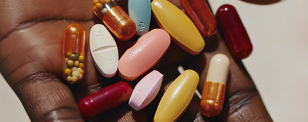 A close-up of a woman's hand holding a daily supplement pack, featuring a mix of capsules and tablets for skin, hair, and overall health. The bright and varied colors of the pills stand out against her smooth skin.の素材
