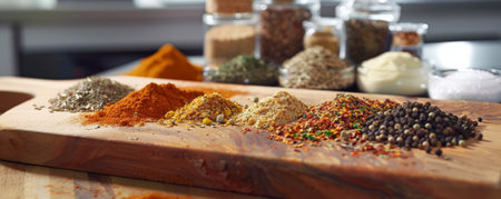 A detailed shot of a spice blend recipe being followed, with various spices arranged neatly on a cutting board. The bright colors and rich textures of the spices create an inviting and inspiring cooking scene.の素材