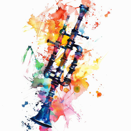 A colorful watercolor illustration of a bagpipe, featuring bold and dynamic color variations, isolated on white background.の素材