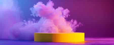 A bright yellow podium with an empty pedestal on a deep purple background, enveloped in soft, white smoke. The bold, playful colors and the gentle movement of the smoke create a striking and energetic visual.の素材