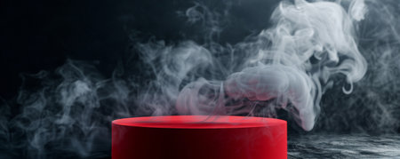 A glossy red podium with an empty pedestal set against a sleek black background, surrounded by swirling white smoke. The bold, contrasting colors and the ethereal smoke create a dramatic and captivating scene.の素材