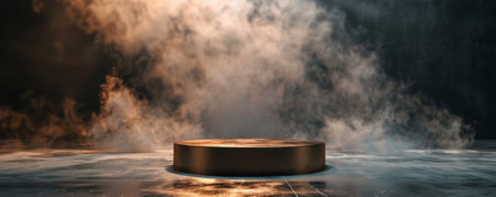 A bronze-colored podium with an empty pedestal, on a dark stage with dense, swirling smoke. The warm tones of the metal contrast with the cool, dark background, creating a dramatic and captivating effect.の素材