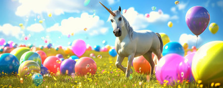 The magical presence of a unicorn surrounded by vibrant color balloons in an open field, creating a whimsical and enchanting landscape.の素材