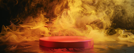 A glossy red podium with an empty pedestal set against a metallic black background, surrounded by swirling yellow smoke. The bold, contrasting colors and the ethereal smoke create a dramatic and captivating scene.の素材