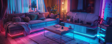 The enchanting atmosphere of a living room adorned with LED strips, creating a vibrant and cozy glow around the sofa, coffee table, and stylish decor.の素材