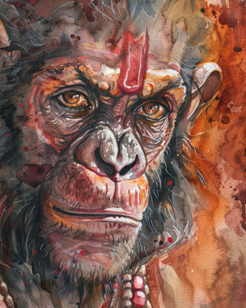 Watercolor close-up painting of Lord Hanuman, with vibrant reds, oranges, and browns, capturing his fierce yet compassionate face.の素材