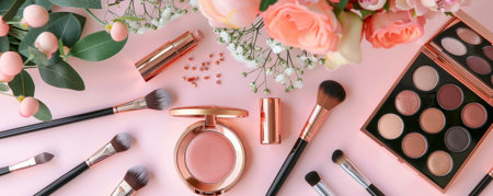A rose gold table with makeup products and brushes artistically arranged. The trendy and fashionable color of the table adds a modern and chic vibe to the beauty display.の素材