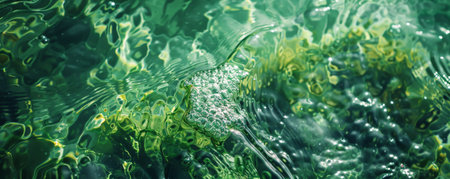 A close-up of spirulina algae in its natural form, floating in clear water. The detailed texture of the algae and the vibrant green color create an intriguing and educational image.の素材