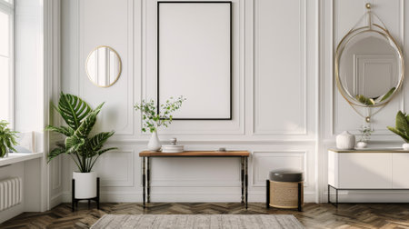 An empty poster frame on a gallery wall in a chic hallway, surrounded by smaller frames and stylish dÃÂ©cor elements like a console table and a mirror.の素材