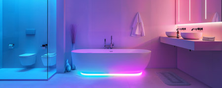 The magical atmosphere of a modern bathroom decorated with LED strips, casting a soft, colorful glow on the sleek fixtures and minimalist decor, creating a serene and luxurious space.の素材