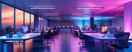 A modern office with LED lighting, featuring sleek desks, ergonomic chairs, and vibrant lights illuminating the space, creating a professional yet dynamic work environment.の素材