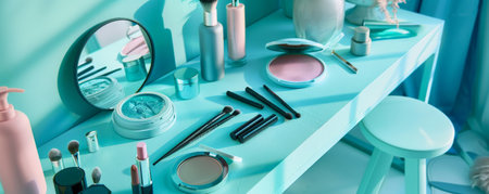 A teal table with a variety of makeup products and brushes placed on it. The refreshing color of the table adds a calming and serene touch to the beauty display.の素材