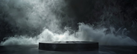 An iron-colored podium with an empty pedestal, set on a dark stage with swirling smoke. The matte finish of the metal absorbs some of the light, creating a more subdued, yet still dramatic effect.の素材
