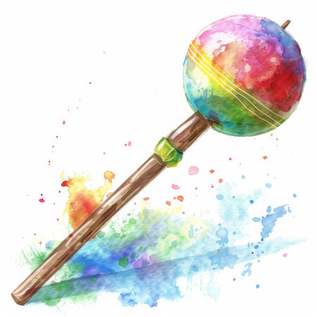 A colorful watercolor illustration of a berimbau, showcasing a range of bright and lively colors, isolated on white background.の素材