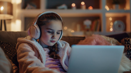 A content Caucasian teen girl with headphones, enjoying a movie on her laptop while curled up on a soft couch.の素材