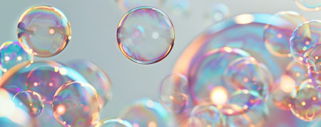 A close-up view of shimmering soap bubbles floating gracefully on a stark white background, capturing intricate patterns and reflections within each bubble. The minimalist setting highlights the purity and beauty of the bubbles.の素材