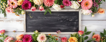 A beautiful flower arrangement over a white wooden background with a blackboard in the center, perfect for adding text or messages.の素材